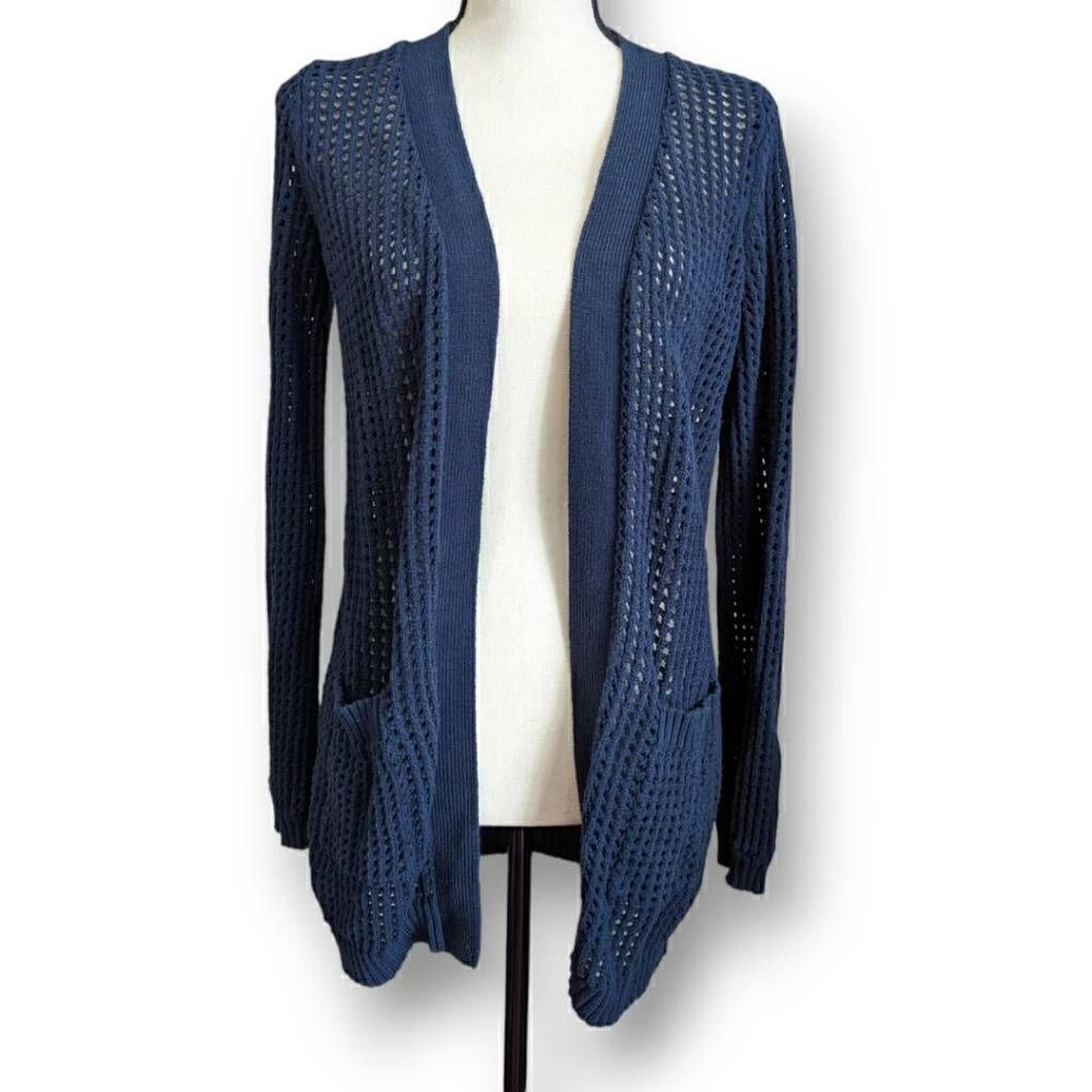 Harper Heritage Womens Sweater Cardigan Eyelet Knit Long Sleeve Blue Small
